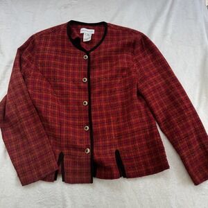 Alfred Dunner Jacket Womens 14M Red Plaid Button Front Acrylic Lurex Blazer Chic